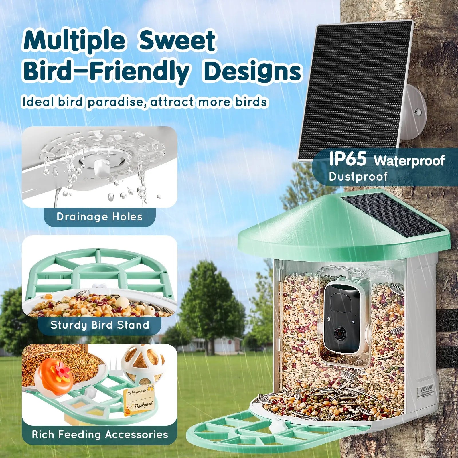 VEVOR Solar-Powered Smart Bird Feeder Camera with Live Video, AI Identification, Auto Detection, Instant Notifications, and 2K Full HD – Perfect Gift for Bird Enthusiasts