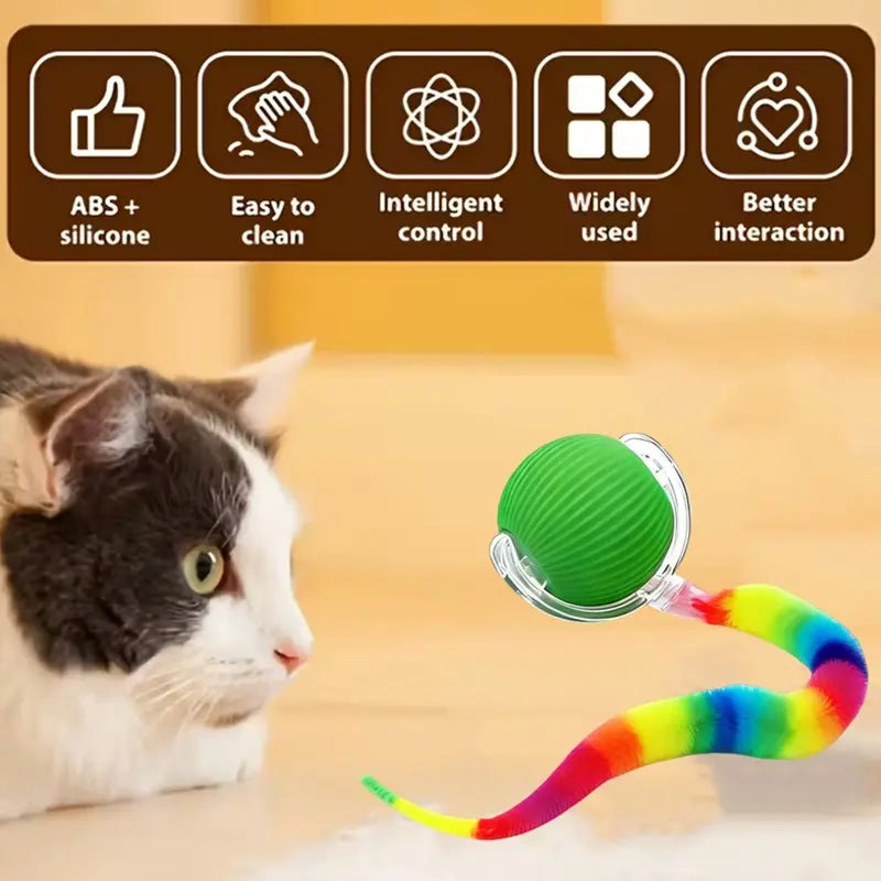 Automatic Rolling Silicone Pet Toy with Smart Obstacle Avoidance and Colorful Plush Tail for Cats and Dogs
