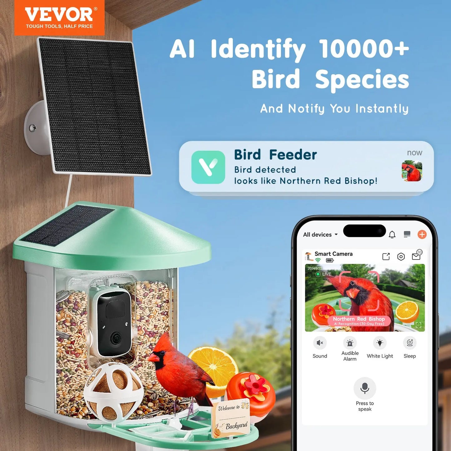 VEVOR Solar-Powered Smart Bird Feeder Camera with Live Video, AI Identification, Auto Detection, Instant Notifications, and 2K Full HD – Perfect Gift for Bird Enthusiasts