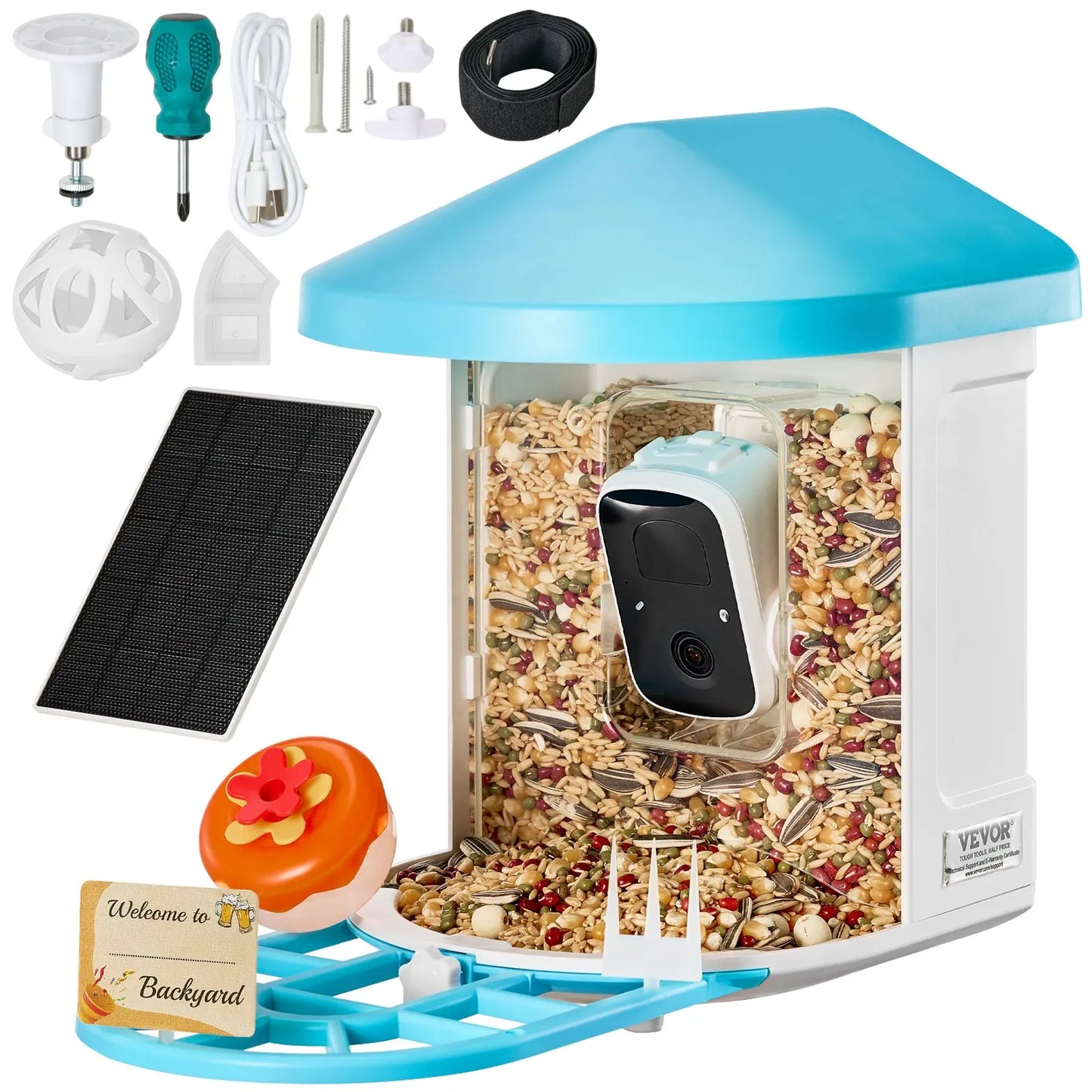 VEVOR Solar-Powered Smart Bird Feeder Camera with Live Video, AI Identification, Auto Detection, Instant Notifications, and 2K Full HD – Perfect Gift for Bird Enthusiasts