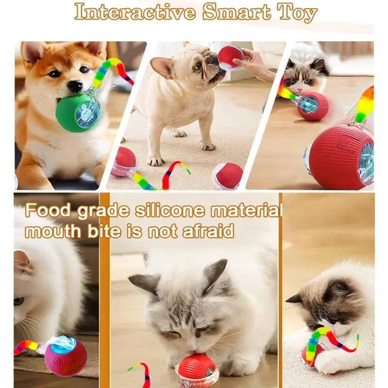 Automatic Rolling Silicone Pet Toy with Smart Obstacle Avoidance and Colorful Plush Tail for Cats and Dogs