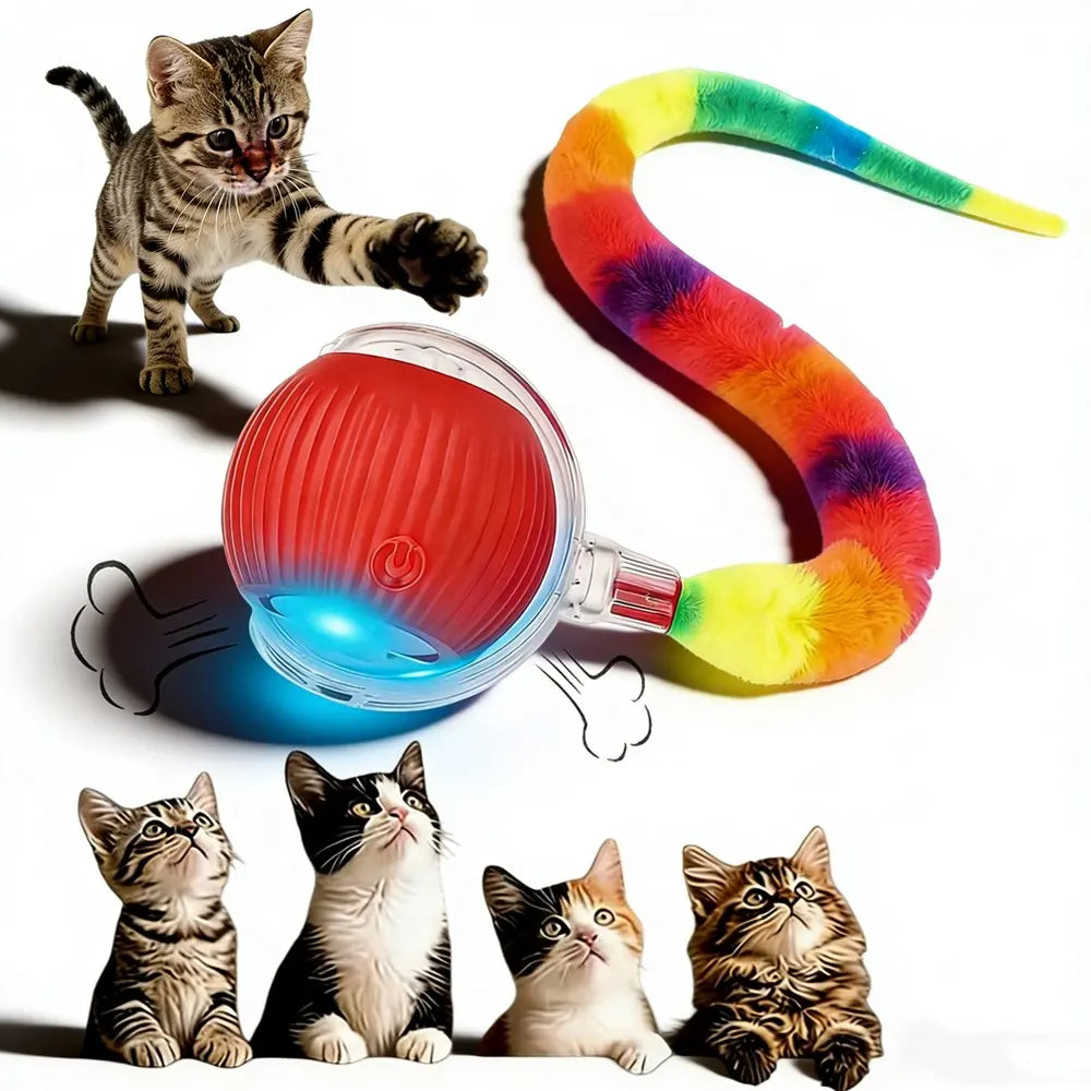 Automatic Rolling Silicone Pet Toy with Smart Obstacle Avoidance and Colorful Plush Tail for Cats and Dogs