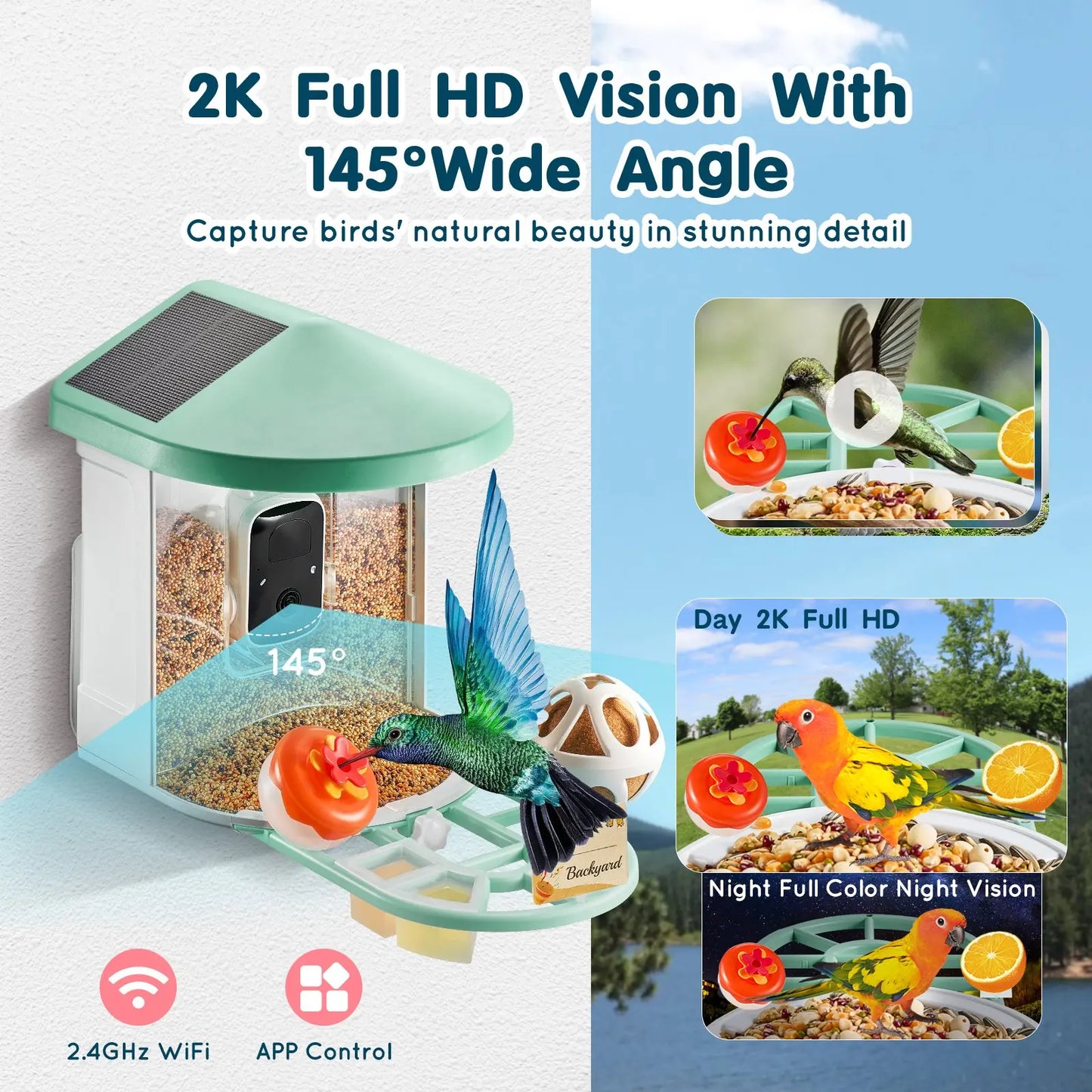 VEVOR Solar-Powered Smart Bird Feeder Camera with Live Video, AI Identification, Auto Detection, Instant Notifications, and 2K Full HD – Perfect Gift for Bird Enthusiasts