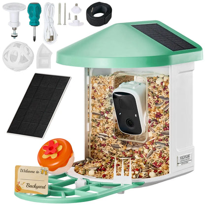 VEVOR Solar-Powered Smart Bird Feeder Camera with Live Video, AI Identification, Auto Detection, Instant Notifications, and 2K Full HD – Perfect Gift for Bird Enthusiasts