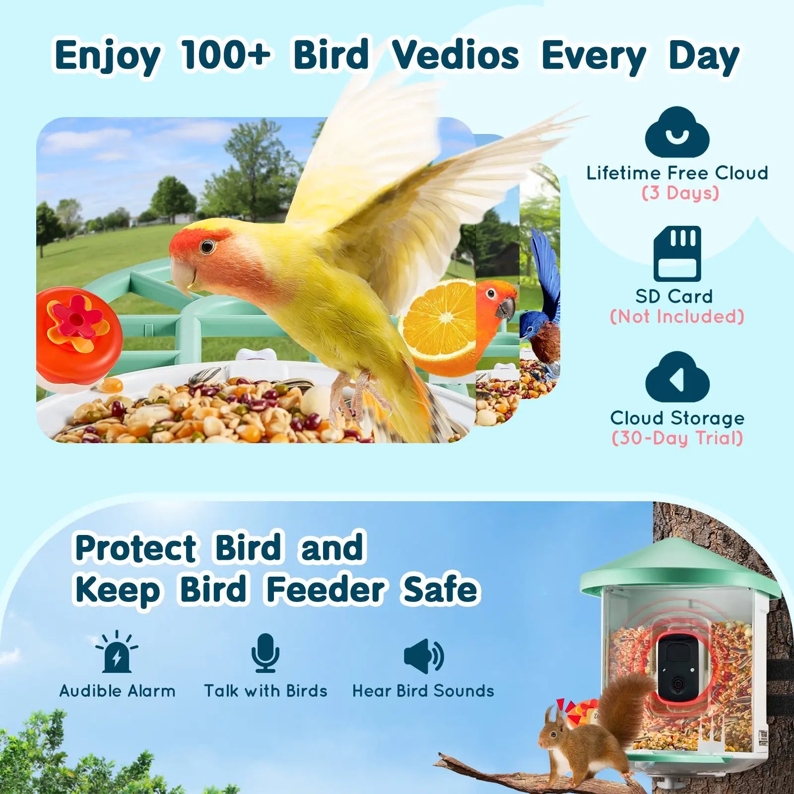 VEVOR Solar-Powered Smart Bird Feeder Camera with Live Video, AI Identification, Auto Detection, Instant Notifications, and 2K Full HD – Perfect Gift for Bird Enthusiasts
