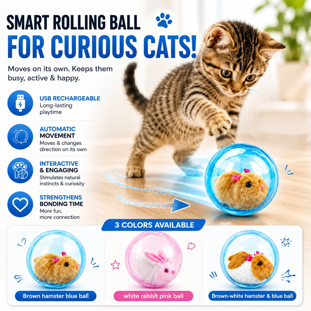Smart Cat Toy - USB Rechargeable Auto-Rolling Ball for Hands-Free Indoor Play